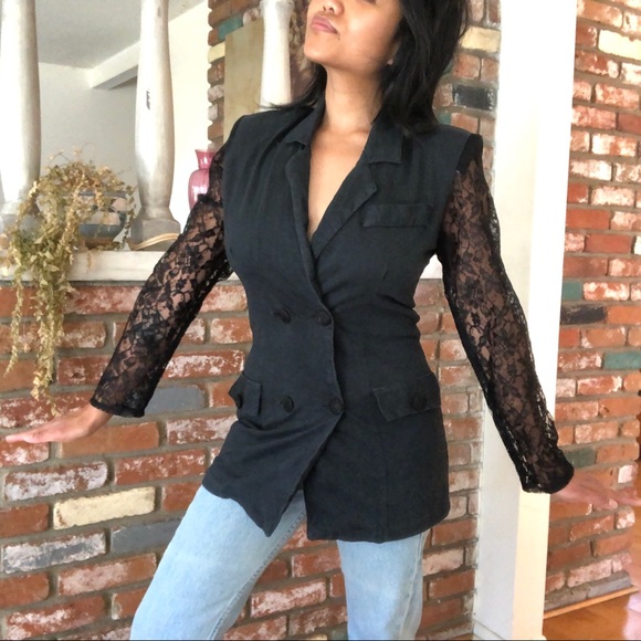 Vintage 1980s Glam Goth Lace Sheer Sleeves Blazer Top by Contempo Casuals - Picture 3 of 5